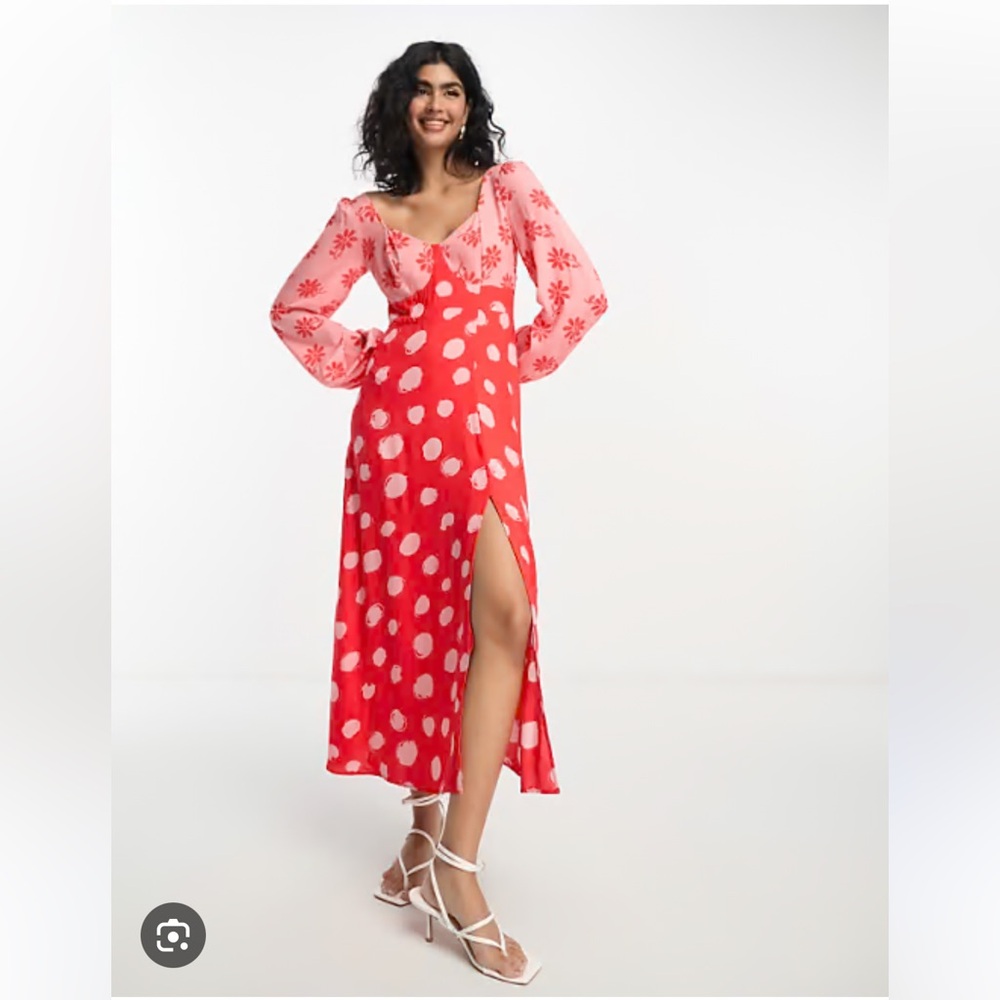 ASOS DESIGN viscose sweetheart neckline long sleeve midi dress in mixed print